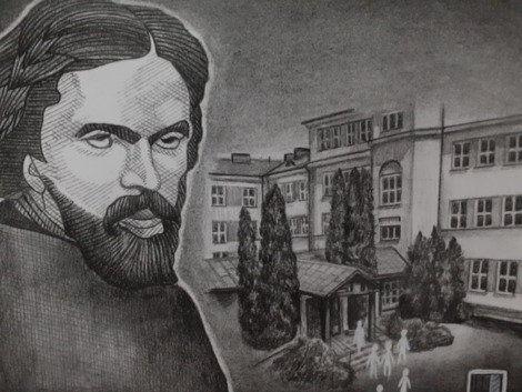 Rysunek przedstawiający Cypriana Kamila Norwida na tle szkoły